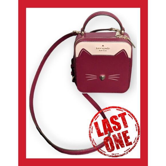 NWOT Kate Spade Daisy Vanity Meow Cat Leather Crossbody Bag Burgundy Small - Picture 1 of 7